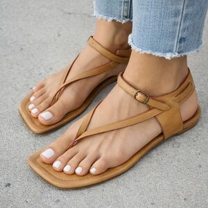 Manolo Blahnik Tan Leather T-Strap Sandals with Red Trim Size 37.5